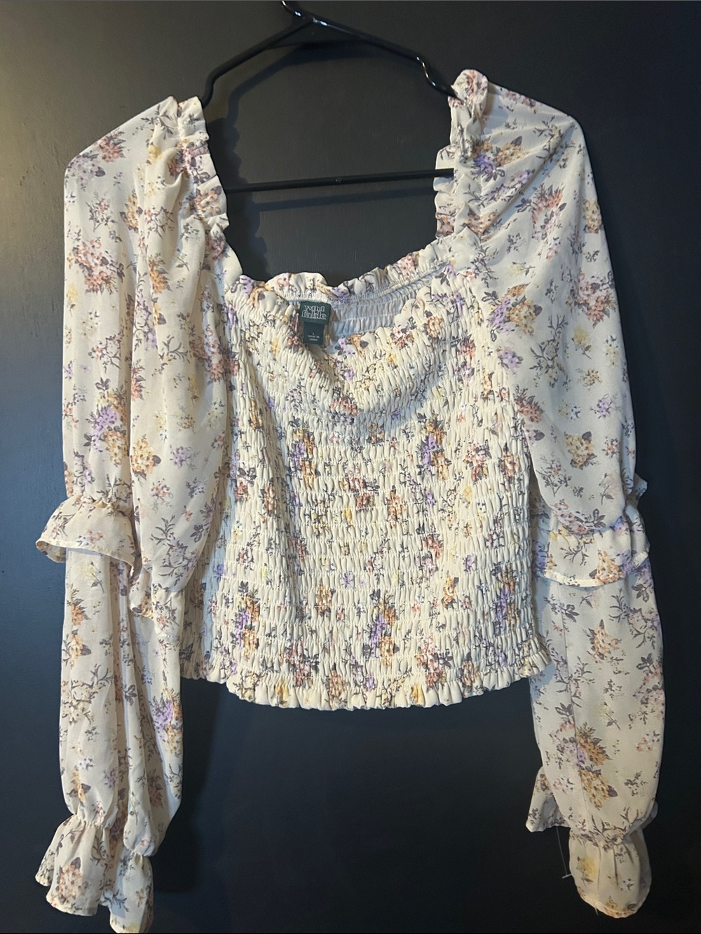 wild fable Cream Floral Smocked Crop Top with Purple & Yellow Flowers
